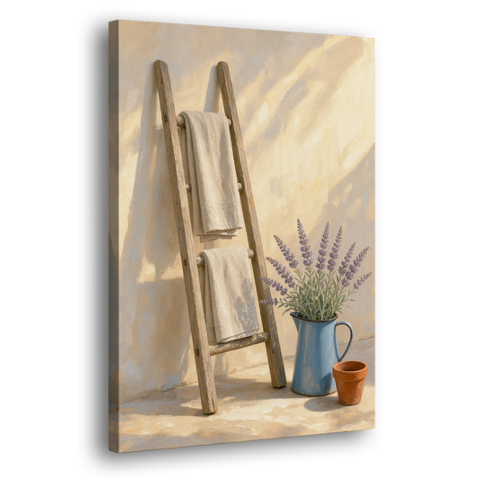 Towel Ladder with Lavender Pitcher - Canvas Wall Art - Side
