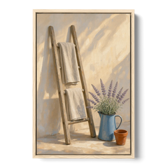 Towel Ladder with Lavender Pitcher - Oak Framed Canvas Wall Art - Front