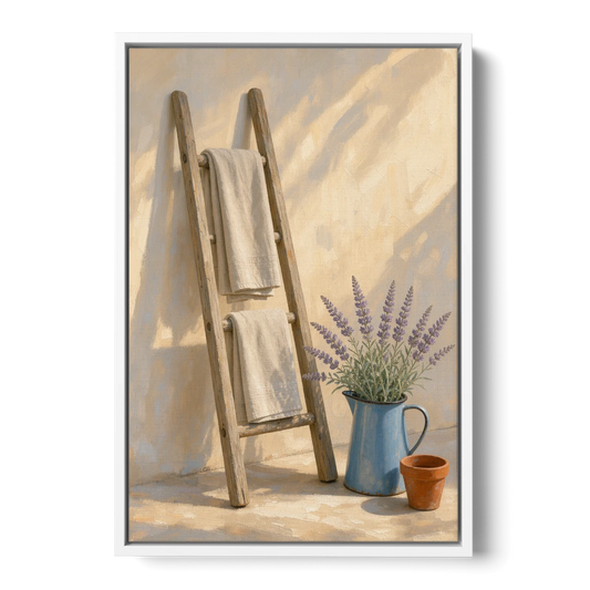 Towel Ladder with Lavender Pitcher - White Framed Canvas Wall Art - Front