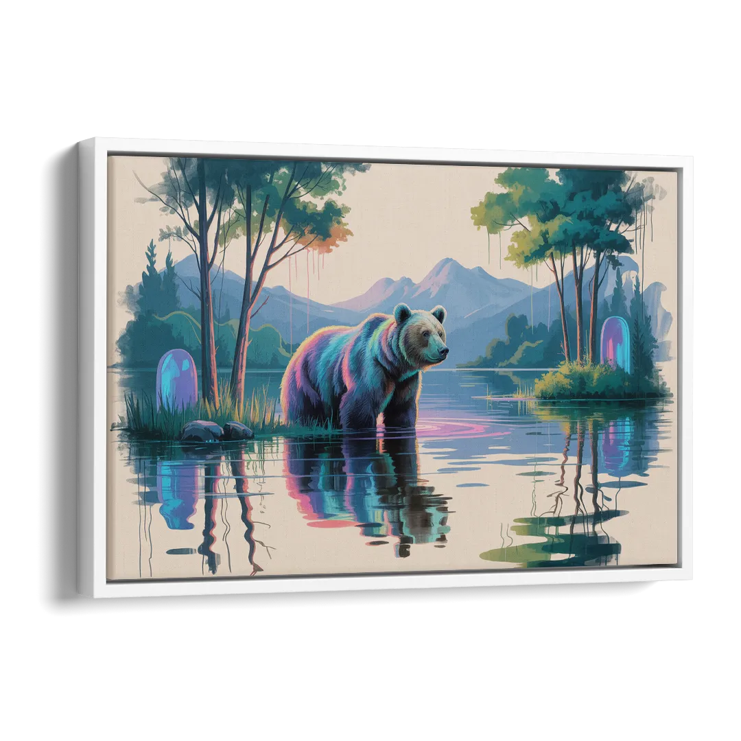 Tranquil Bear by the Lake Side - White Canvas Wall Art