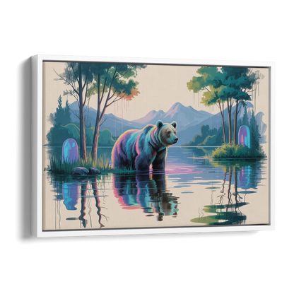 Tranquil Bear by the Lake Side - White Canvas Wall Art