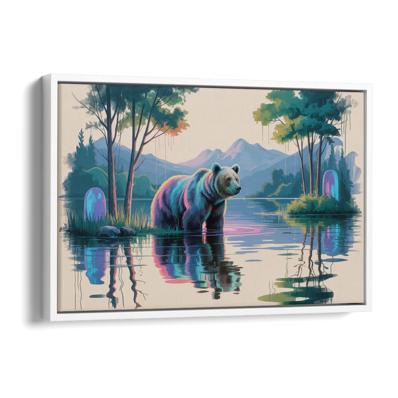 Tranquil Bear by the Lake Side - White Canvas Wall Art