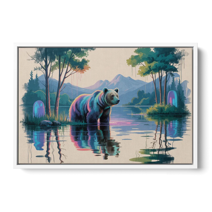 Tranquil Bear by the Lake Front - White Canvas Wall Art