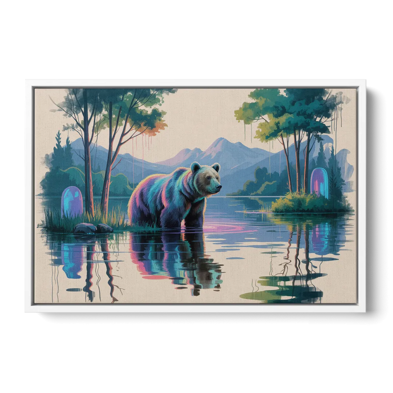 Tranquil Bear by the Lake Front - White Canvas Wall Art