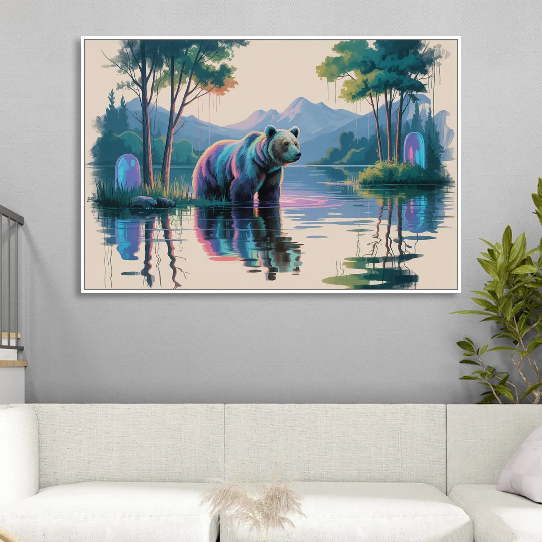 Tranquil Bear by the Lake Living Room - White Canvas Wall Art