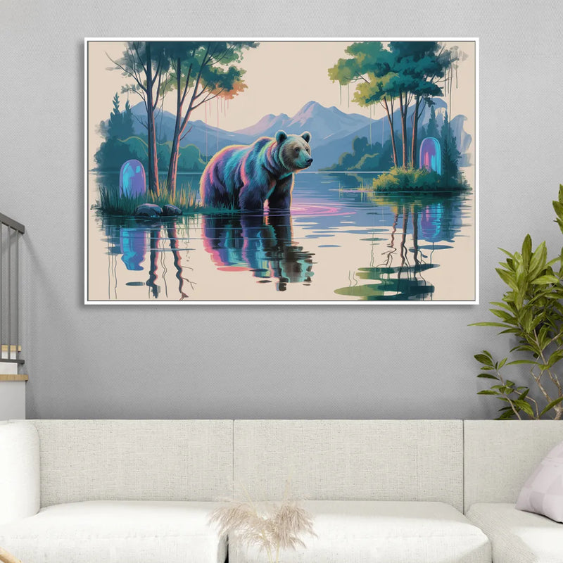 Tranquil Bear by the Lake Living Room - White Canvas Wall Art