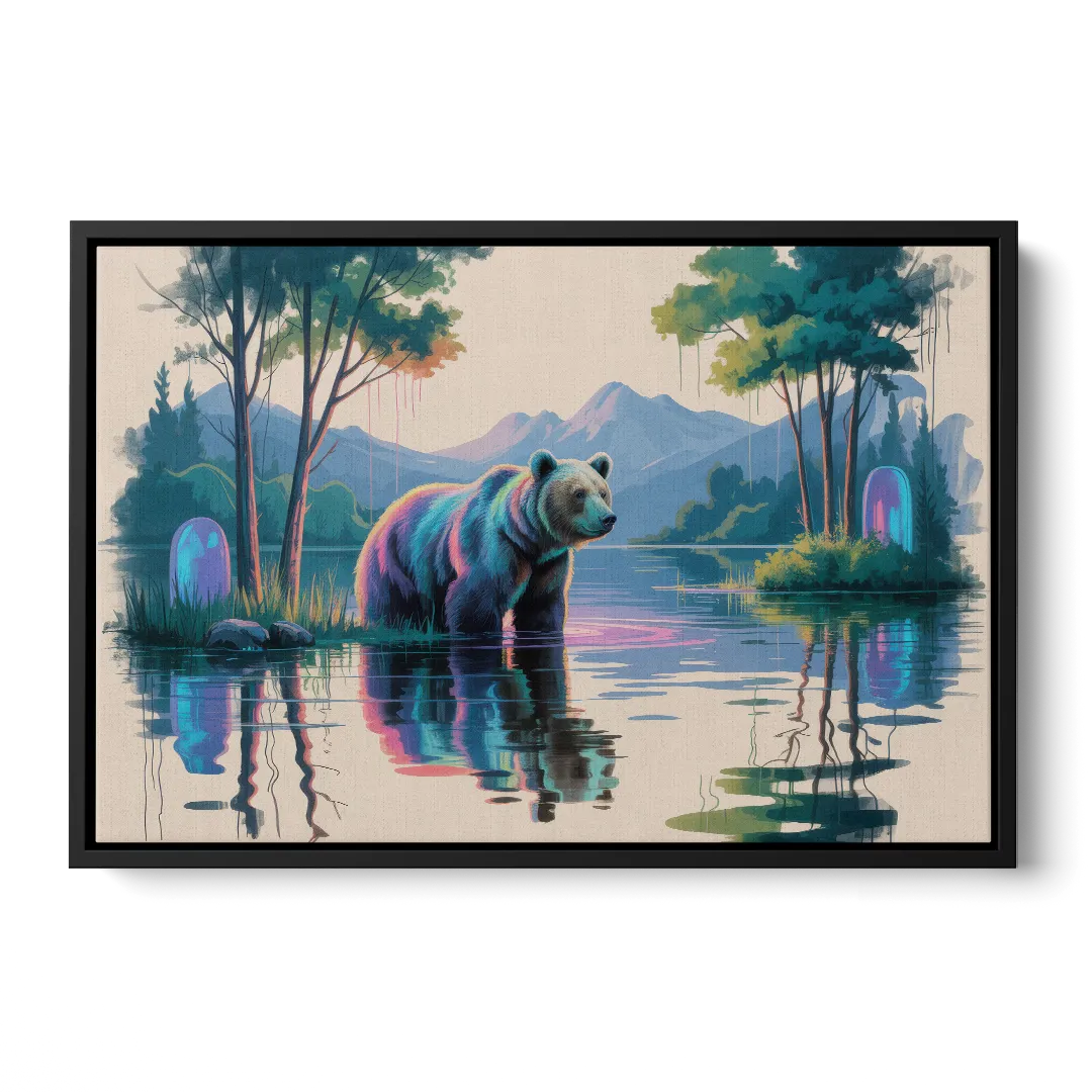 Tranquil Bear by the Lake - Black Frame Canvas