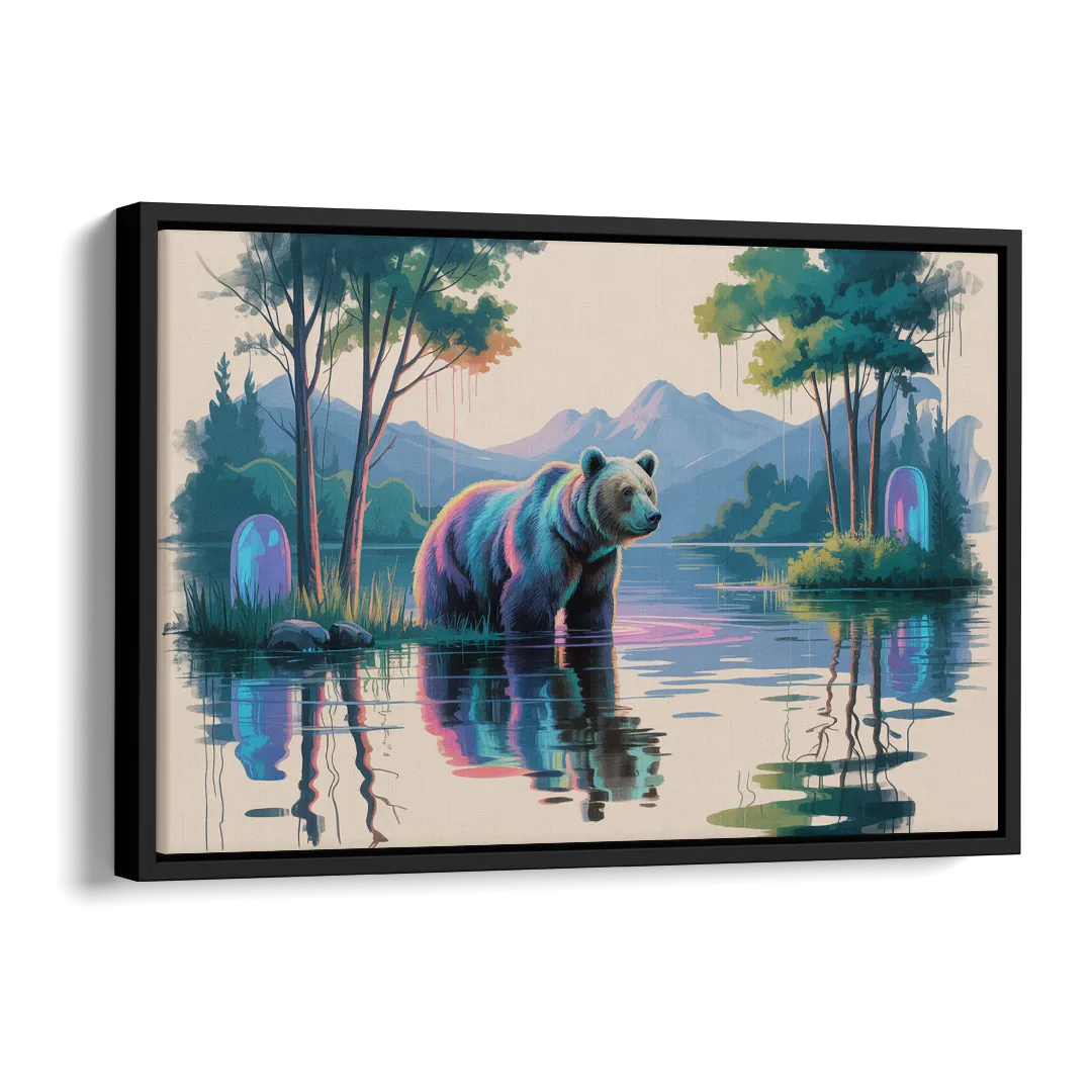 Tranquil Bear by the Lake Side - Black Canvas Wall Art