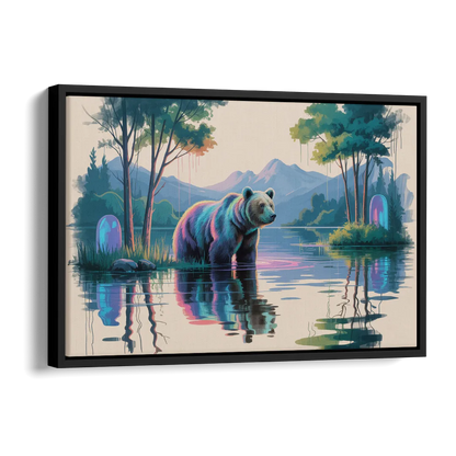 Tranquil Bear by the Lake Side - Black Canvas Wall Art