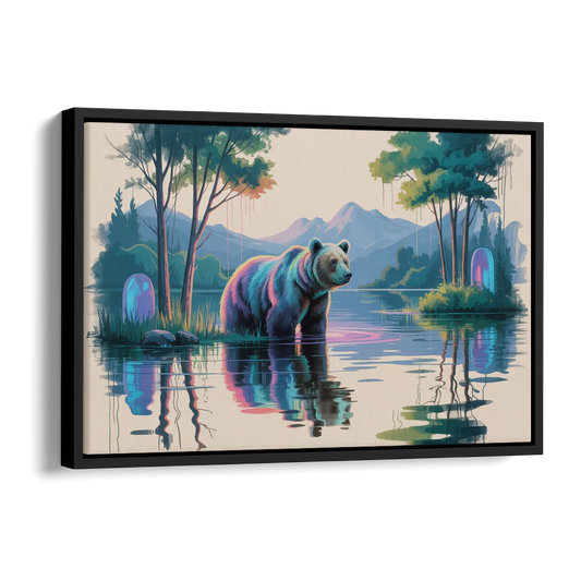 Tranquil Bear by the Lake Side - Black Canvas Wall Art