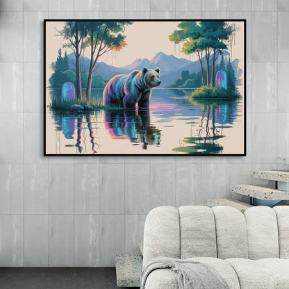 Tranquil Bear by the Lake Living Room - Black Canvas Wall Art