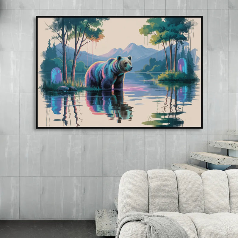 Tranquil Bear by the Lake Living Room - Black Canvas Wall Art