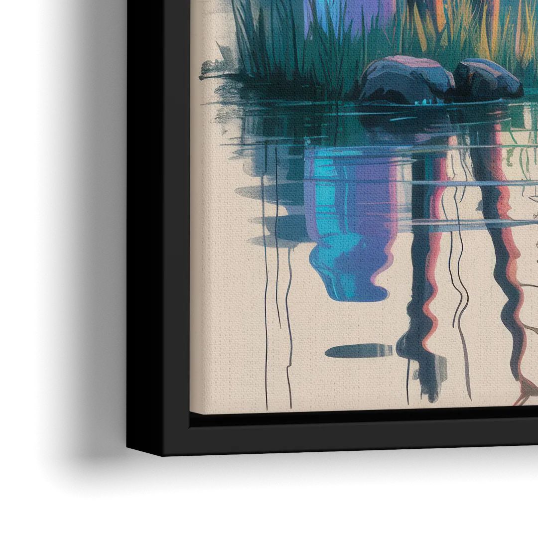 Tranquil Bear by the Lake - Close-Up Black Frame Canvas