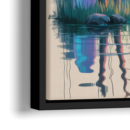 Tranquil Bear by the Lake - Close-Up Black Frame Canvas