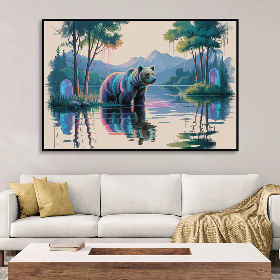 Tranquil Bear by the Lake Sitting Room - Black Canvas Wall Art