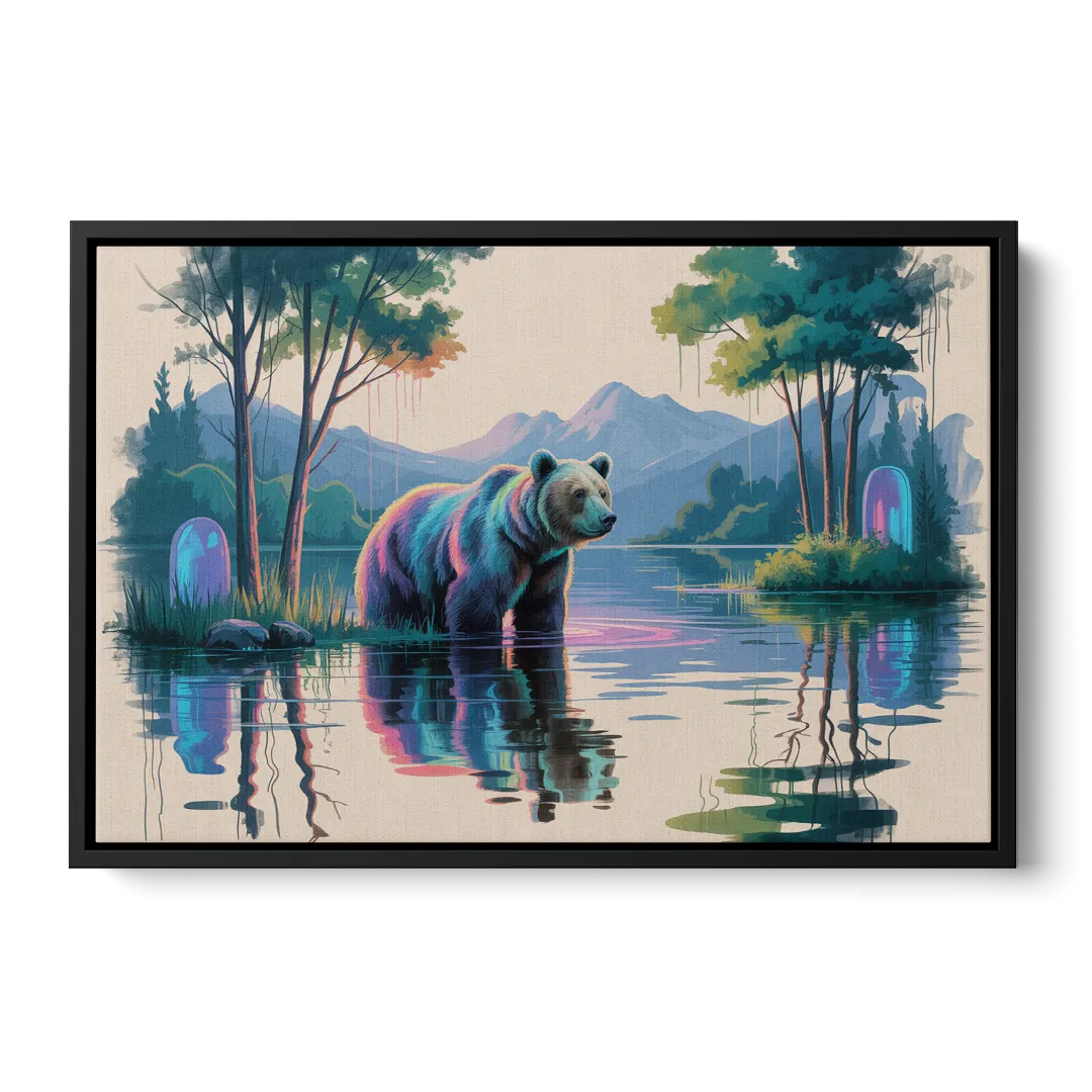 Tranquil Bear by the Lake Front - Black Canvas Wall Art