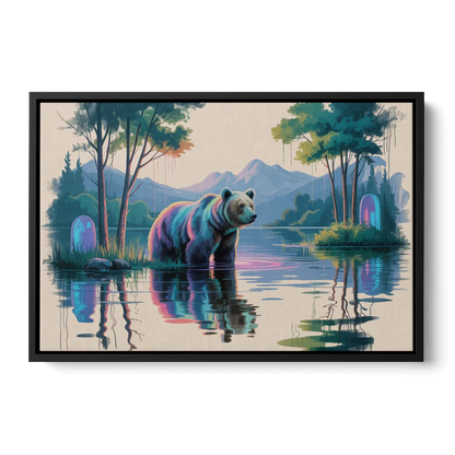 Tranquil Bear by the Lake Front - Black Canvas Wall Art