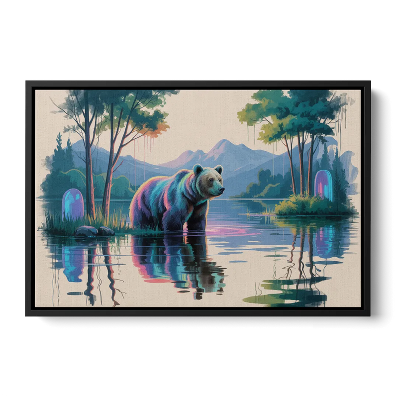 Tranquil Bear by the Lake Front - Black Canvas Wall Art