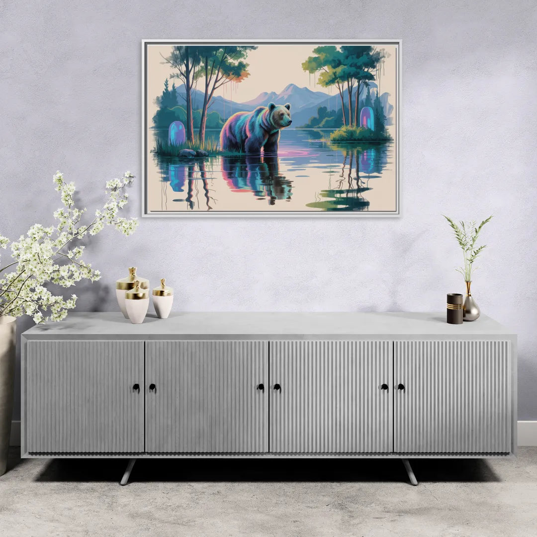Tranquil Bear by the Lake - Living Room White Frame Canvas