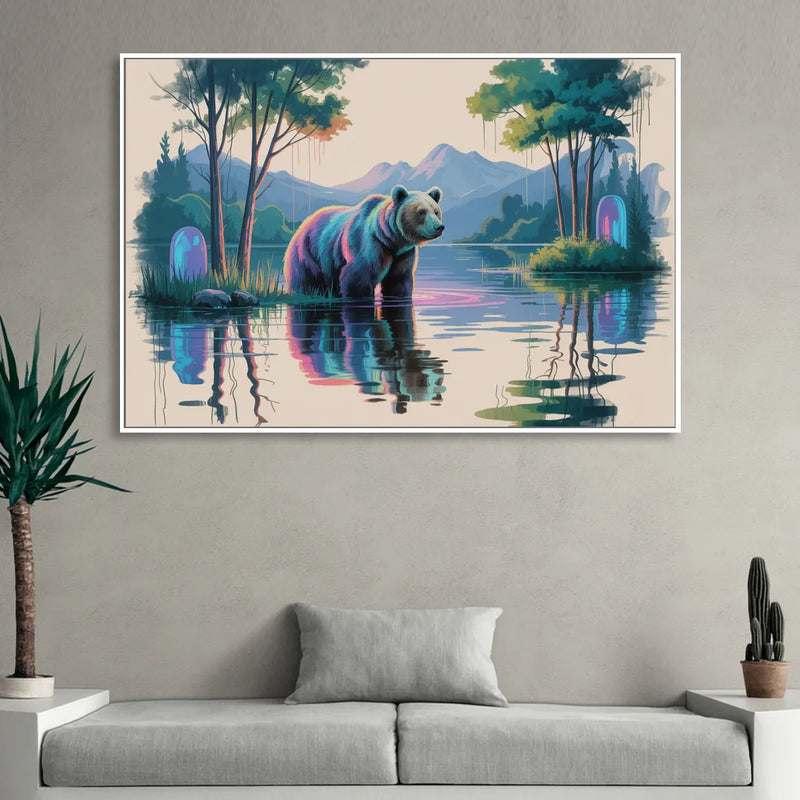 Tranquil Bear by the Lake Sitting Room - White Canvas Wall Art