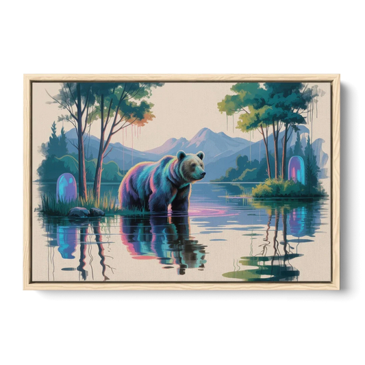Tranquil Bear by the Lake - Oak Framed Canvas Wall Art - Front