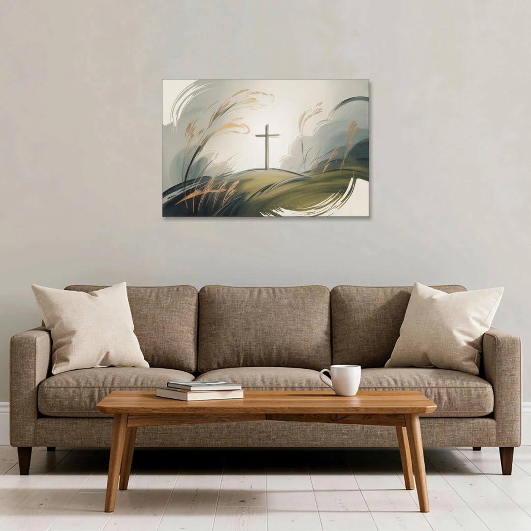 Tranquil Cross Minimalist Christian - Canvas Wall Art - Sofa - 36x24