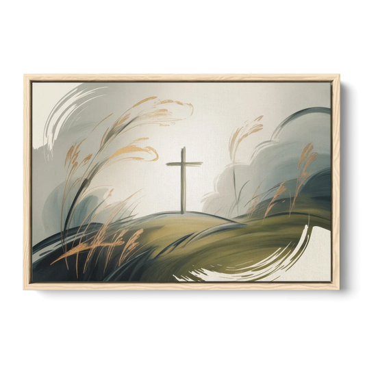 Tranquil Cross Minimalist Christian - Oak Framed Canvas Wall Art - Front