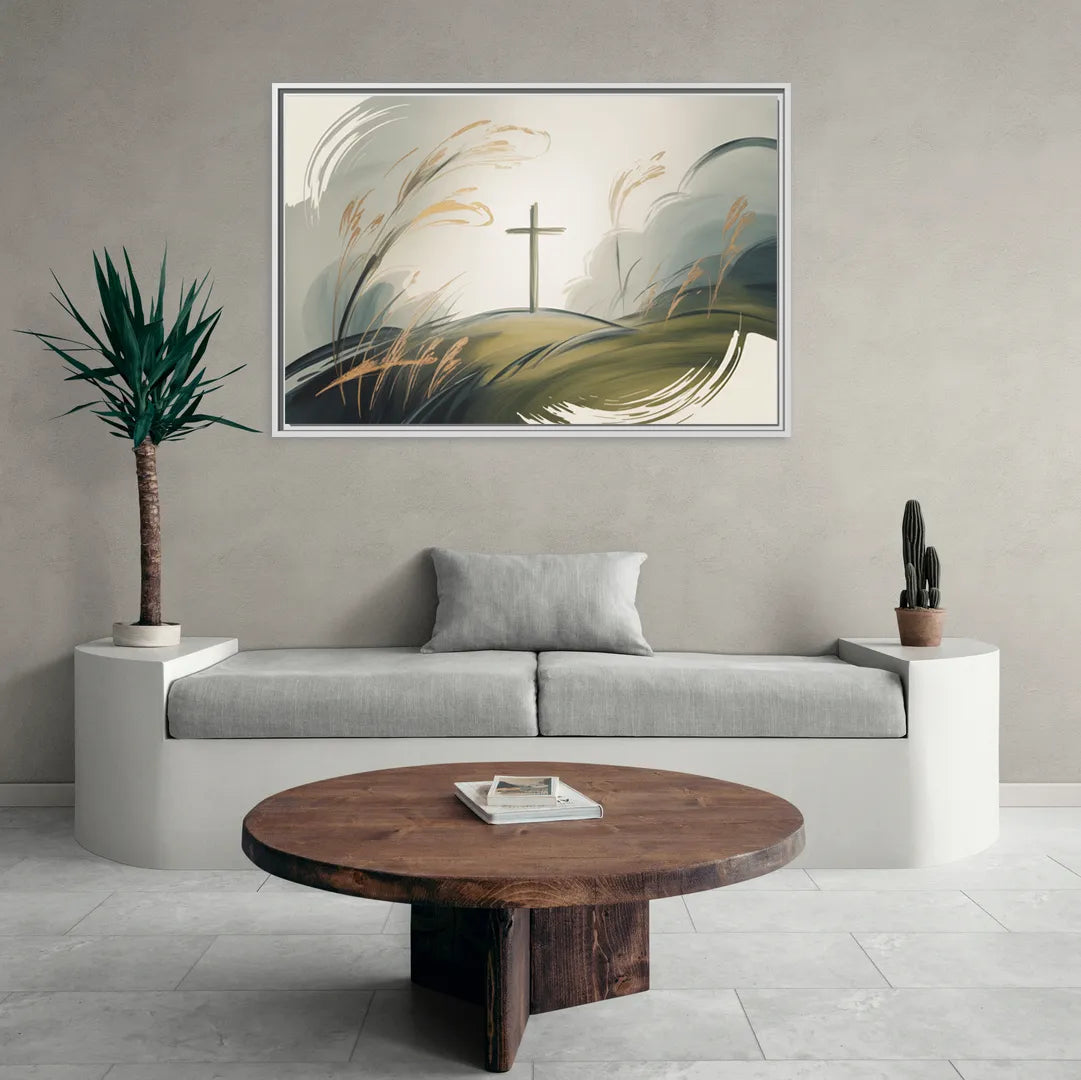 Tranquil Cross Minimalist Christian - Living Room White Frame Canvas