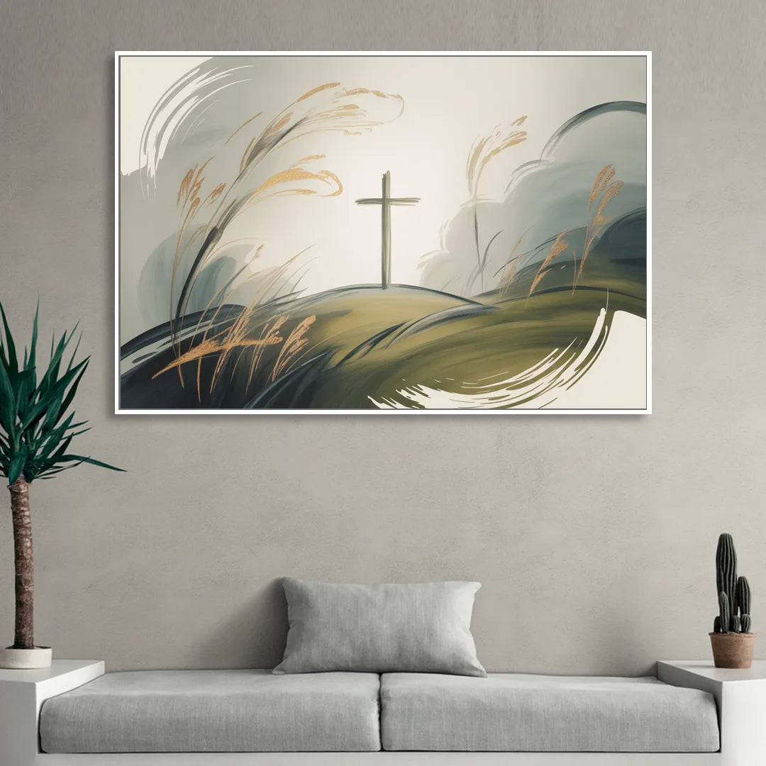 Tranquil Cross Minimalist Christian Living Room - White Canvas Wall Art