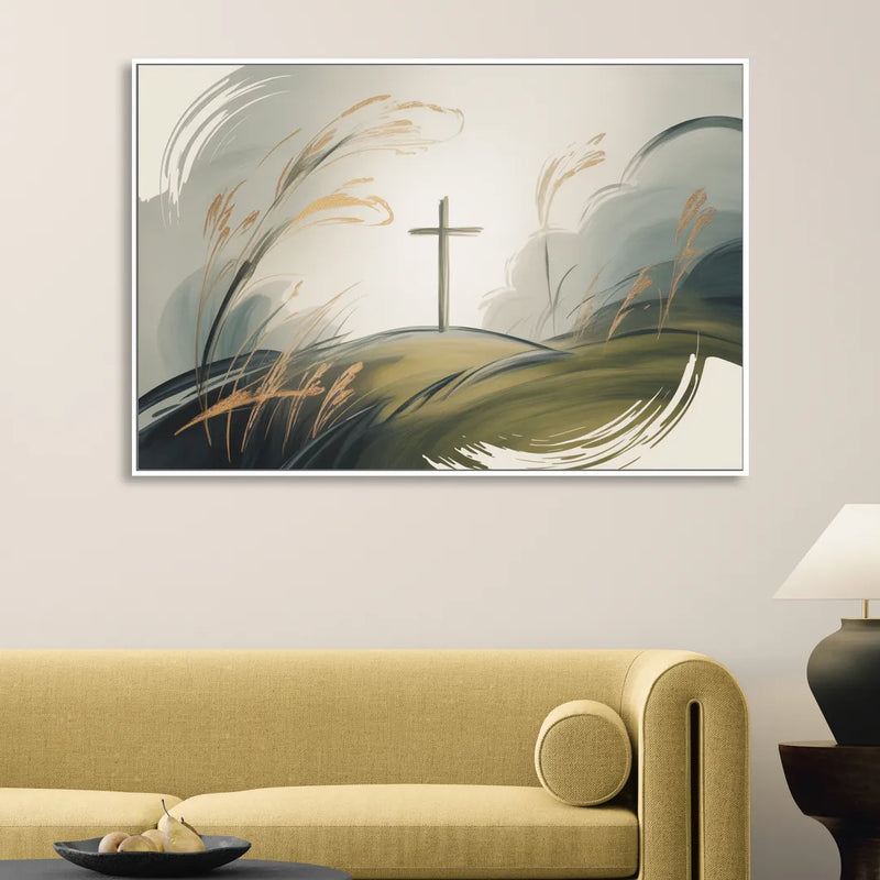 Tranquil Cross Minimalist Christian Sitting Room - White Canvas Wall Art