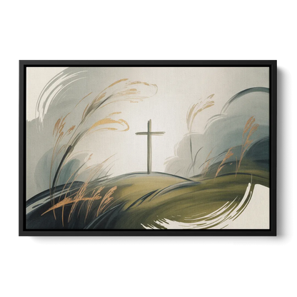 Tranquil Cross Minimalist Christian Front - Black Canvas Wall Art