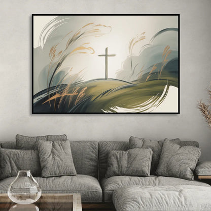 Tranquil Cross Minimalist Christian Sitting Room - Black Canvas Wall Art