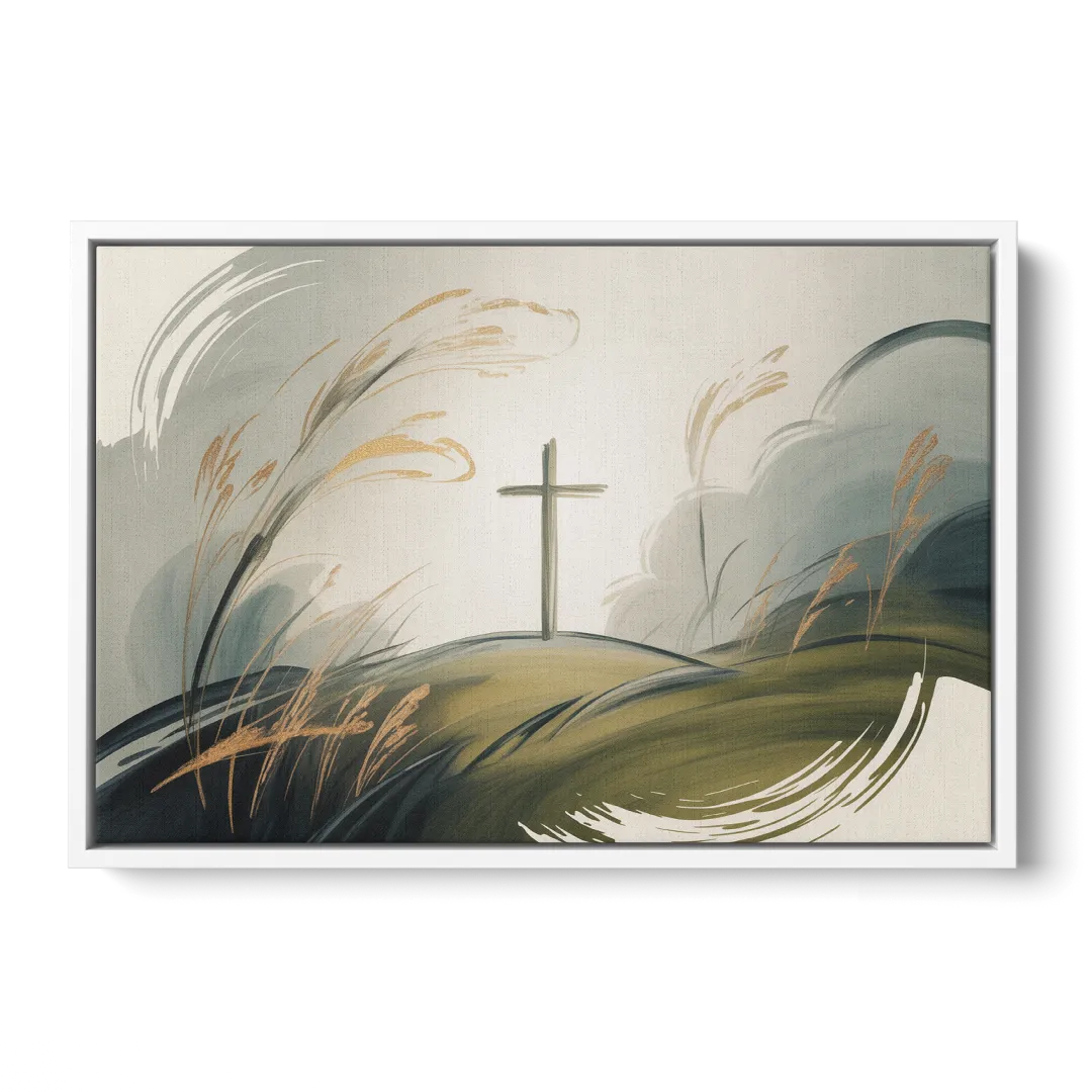 Tranquil Cross Minimalist Christian Front - White Canvas Wall Art
