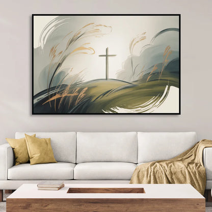 Tranquil Cross Minimalist Christian Living Room - Black Canvas Wall Art