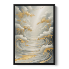 Tranquil Elegance in White and Gold - Black Framed Canvas Wall Art - Front