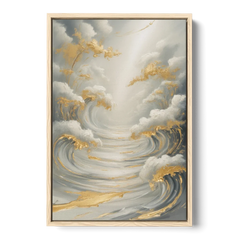 Tranquil Elegance in White and Gold - Oak Framed Canvas Wall Art - Front