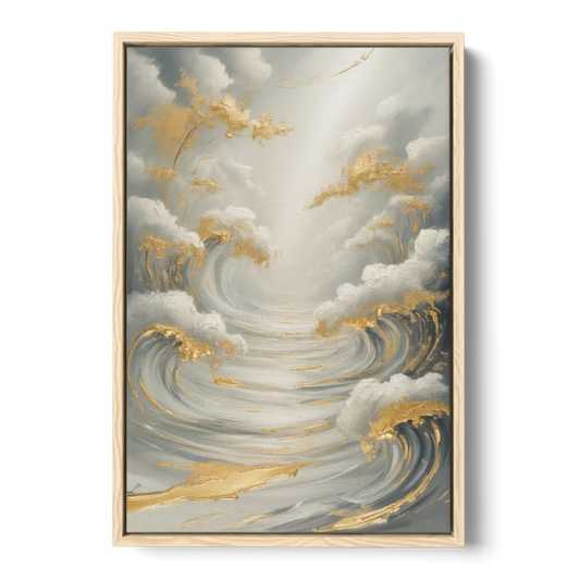 Tranquil Elegance in White and Gold - Oak Framed Canvas Wall Art - Front