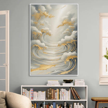 Tranquil Elegance in White and Gold Living Room - White Canvas Wall Art