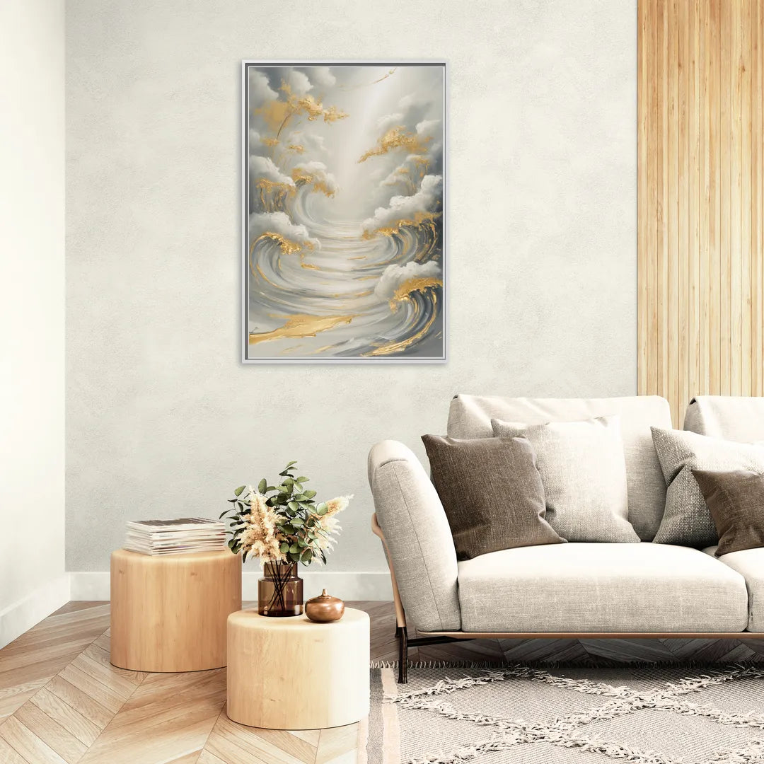 Tranquil Elegance in White and Gold - Living Room White Frame Canvas