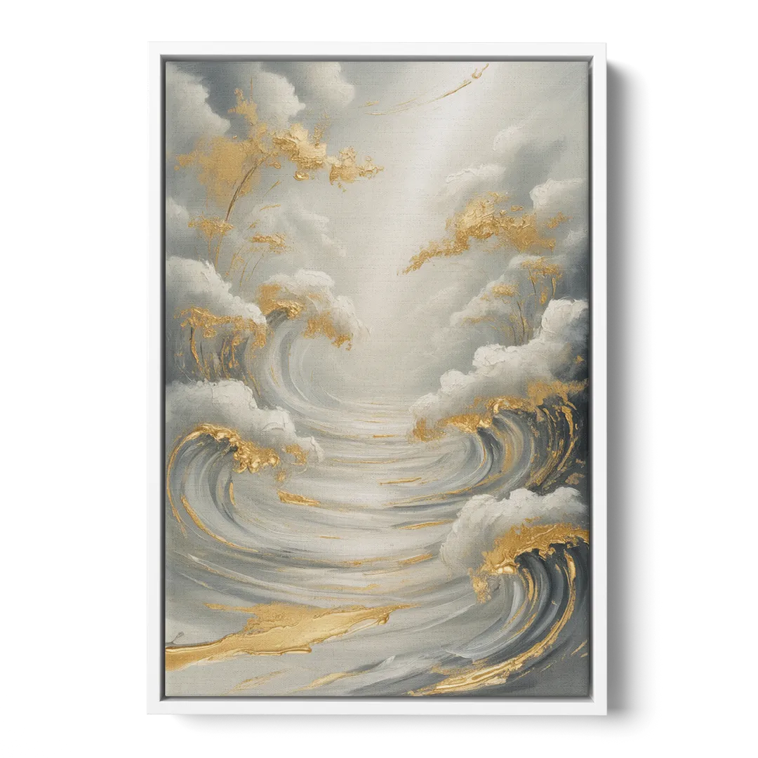Tranquil Elegance in White and Gold - White Frame Canvas