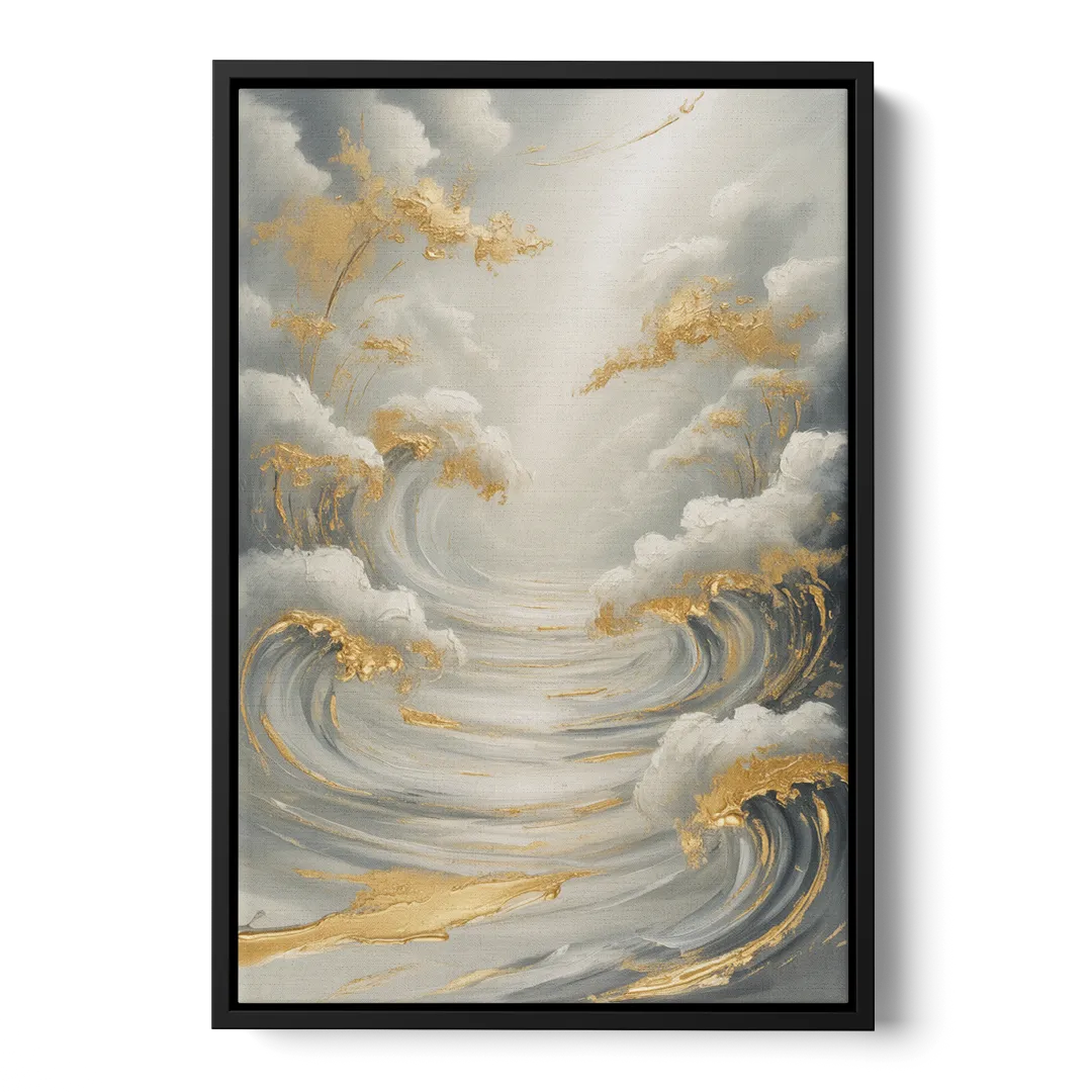 Tranquil Elegance in White and Gold - Black Frame Canvas