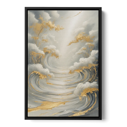 Tranquil Elegance in White and Gold - Black Frame Canvas