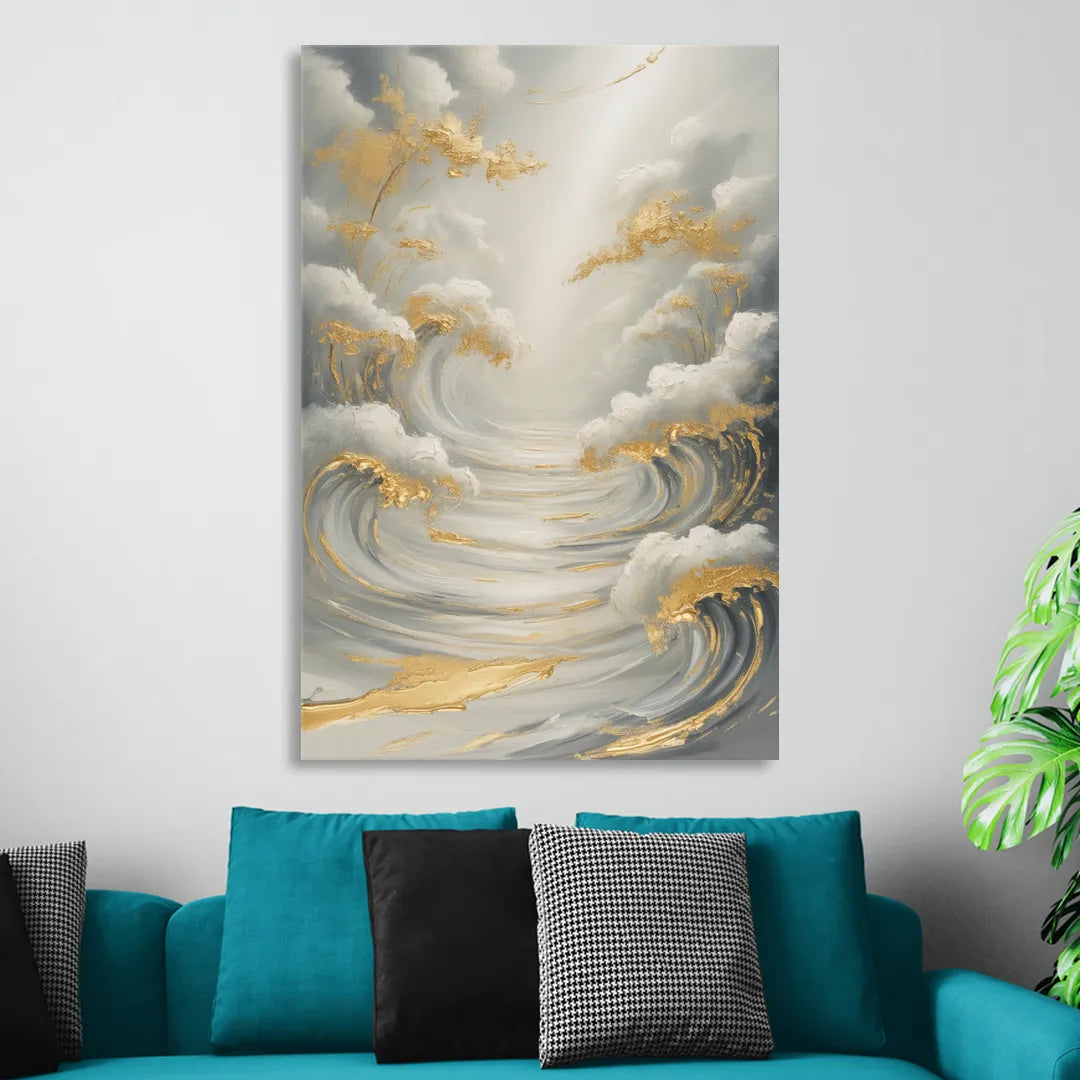Tranquil Elegance in White and Gold Living Room - Canvas Wall Art