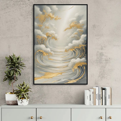 Tranquil Elegance in White and Gold Living Room - Black Canvas Wall Art