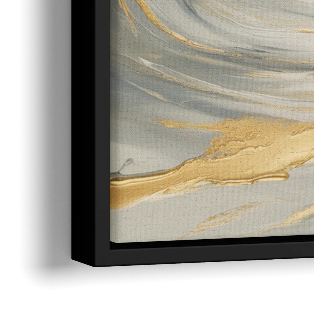 Tranquil Elegance in White and Gold - Close-Up Black Frame Canvas