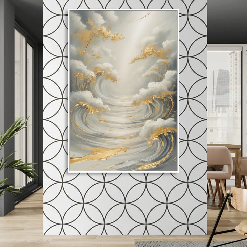 Tranquil Elegance in White and Gold Sitting Room - White Canvas Wall Art