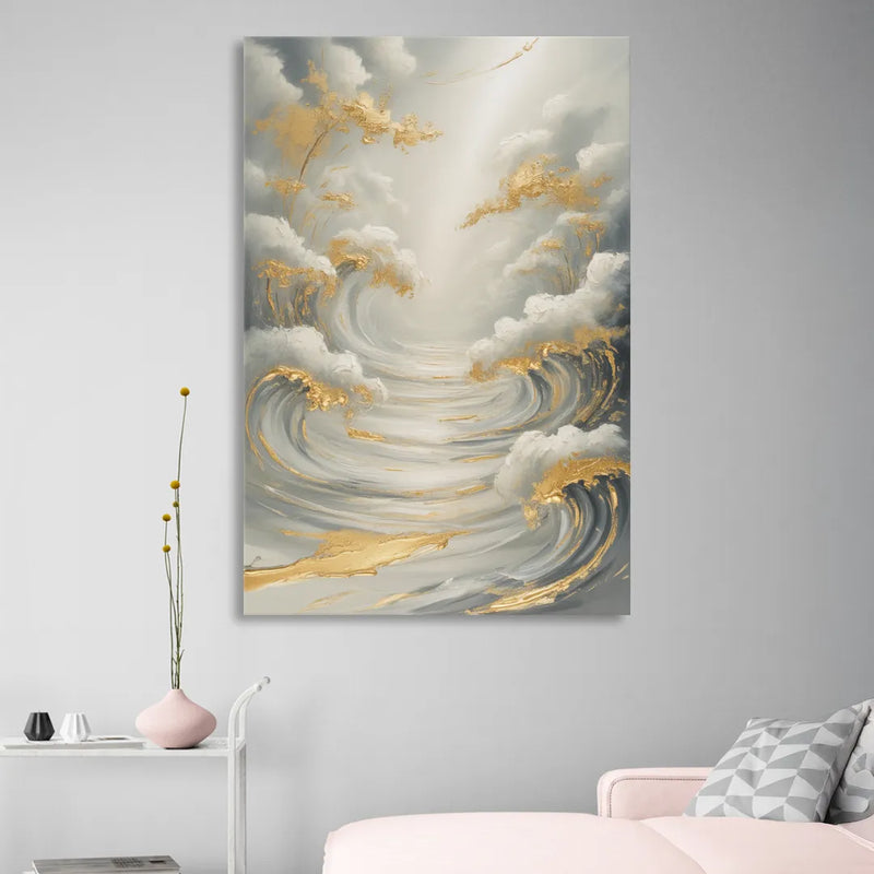 Tranquil Elegance in White and Gold Sitting Room - Canvas Wall Art