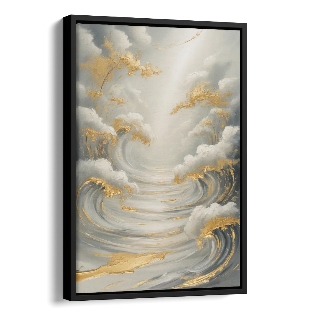 Tranquil Elegance in White and Gold Side - Black Canvas Wall Art