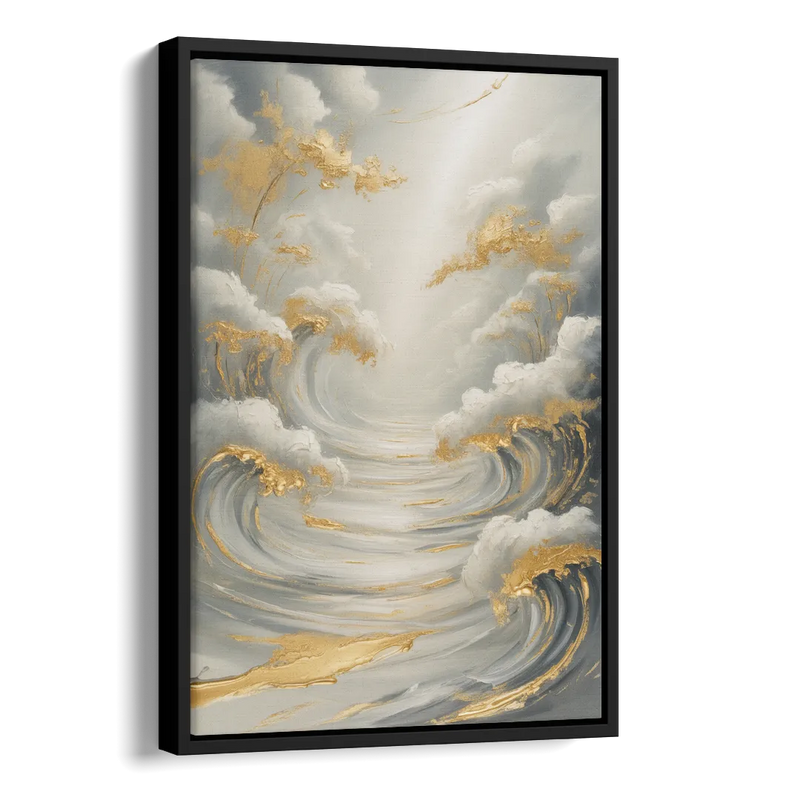 Tranquil Elegance in White and Gold Side - Black Canvas Wall Art