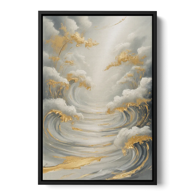 Tranquil Elegance in White and Gold Front - Black Canvas Wall Art